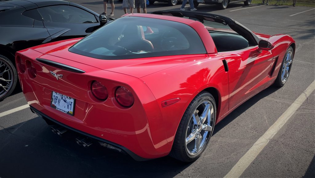 Rear view of a red chevy corvette c6