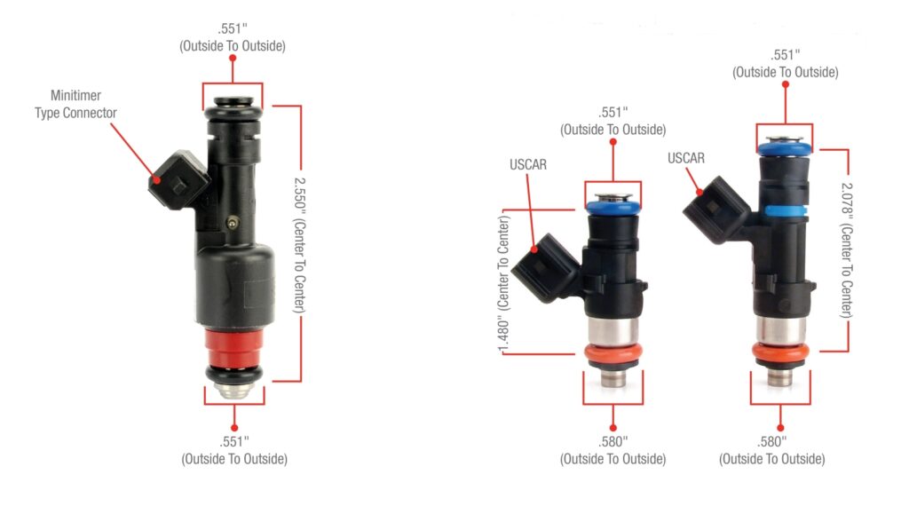 EV1, EV6, and EV14 fuel injector dimensions